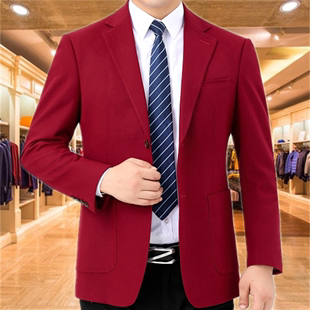 秋冬男士中年宽松大码纯红色羊毛西装商务休闲单件上衣西服外套男