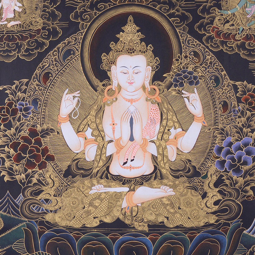 大尺幅西藏守护神24k黄金绘制四臂观音 高76cm 宽56cm n636