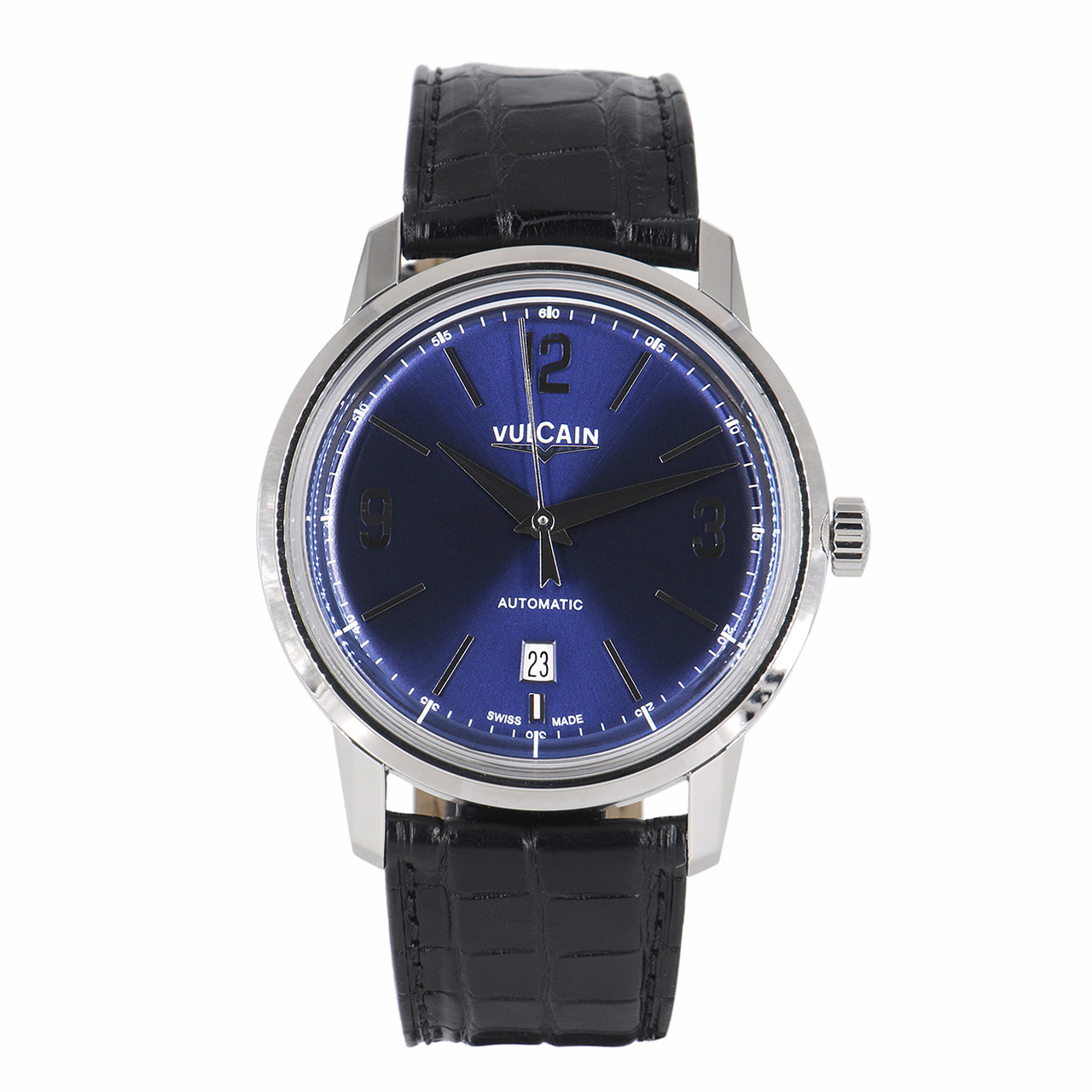 [9.5新]窝路坚vulcain男士自动机械手表蓝色表盘鳄鱼皮纹表带腕表