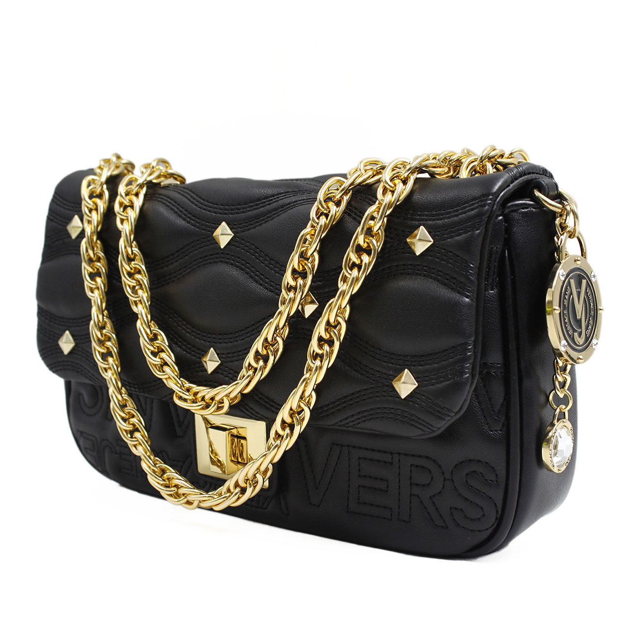 [98新] versace 范思哲 黑色羊皮铆钉装饰女士链条包单肩斜跨包