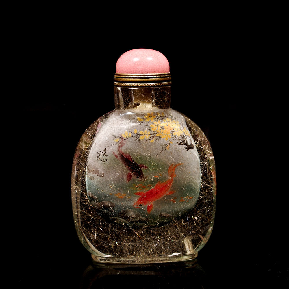 渔戏 天然水晶内画鼻烟壶 习三内画