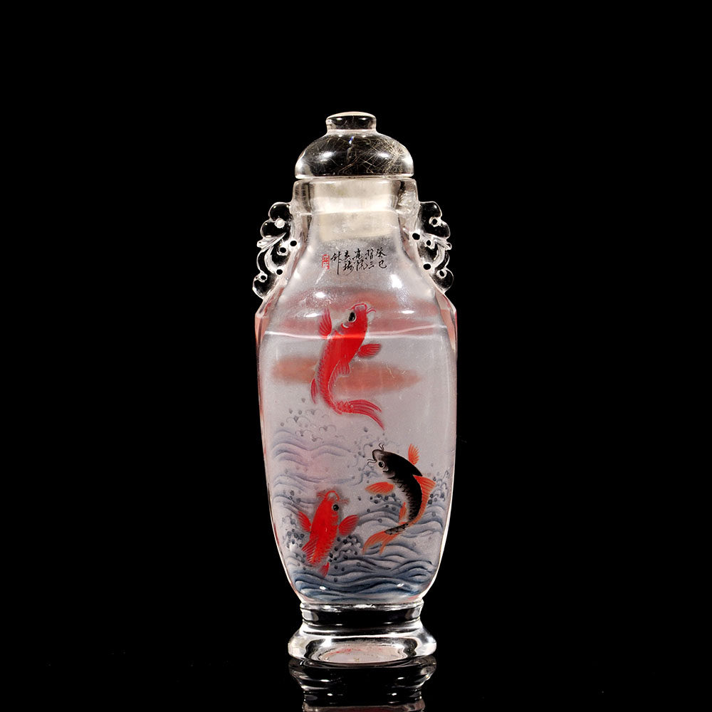鱼跃龙门 天然水晶内画鼻烟壶 习三内画
