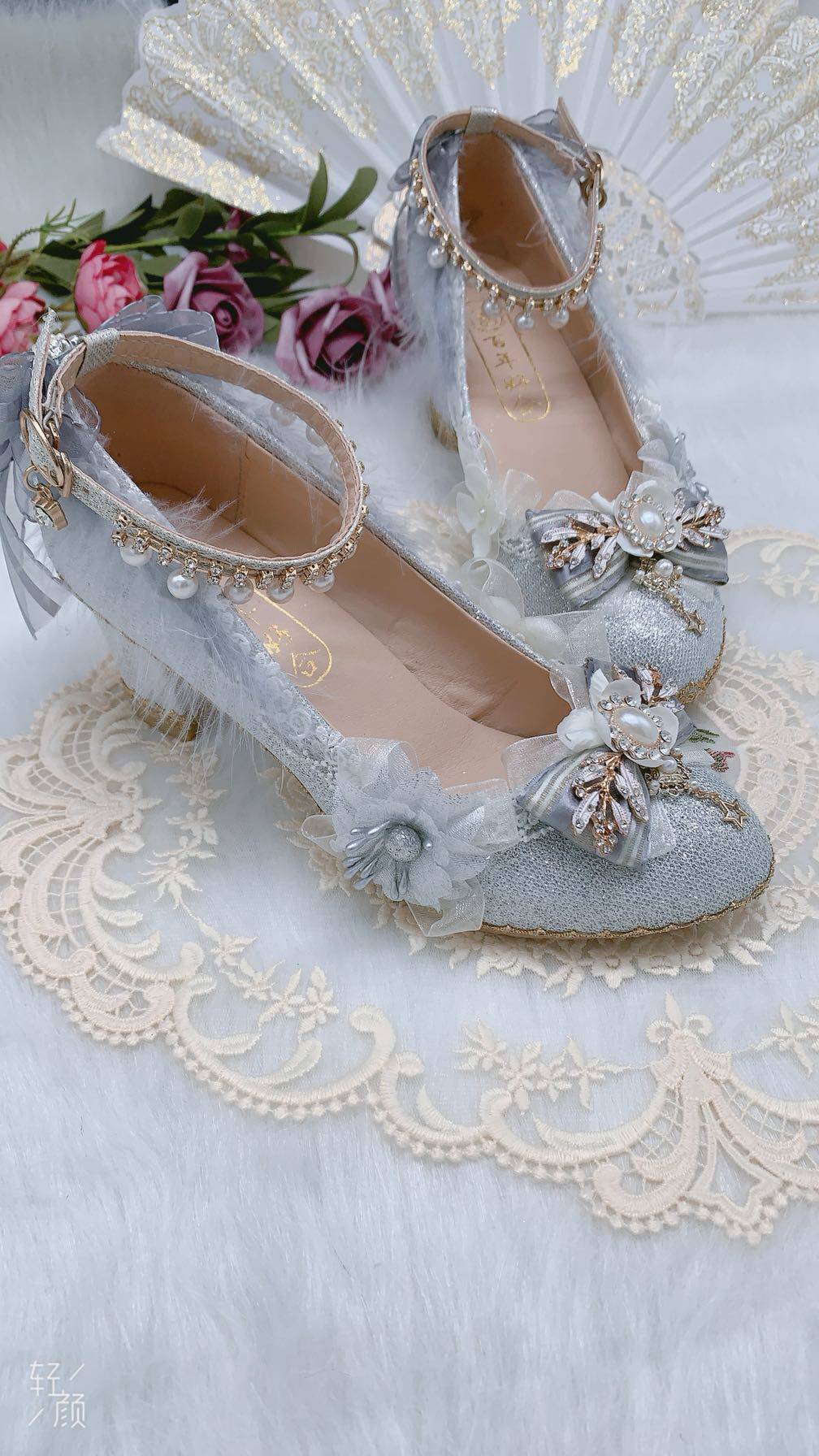 一夜物语原创设计lolita花嫁高跟鞋百搭银色圆头洛丽塔鞋粗跟