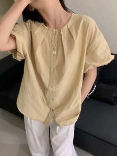 韩国夏季新款圆领压褶灯笼袖休闲衬衣 通勤韩版单排扣衬衫女上衣