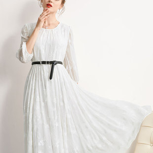 真丝裙子夏季长款连衣裙高级感圆领法式裙气质修身显瘦白色仙女裙