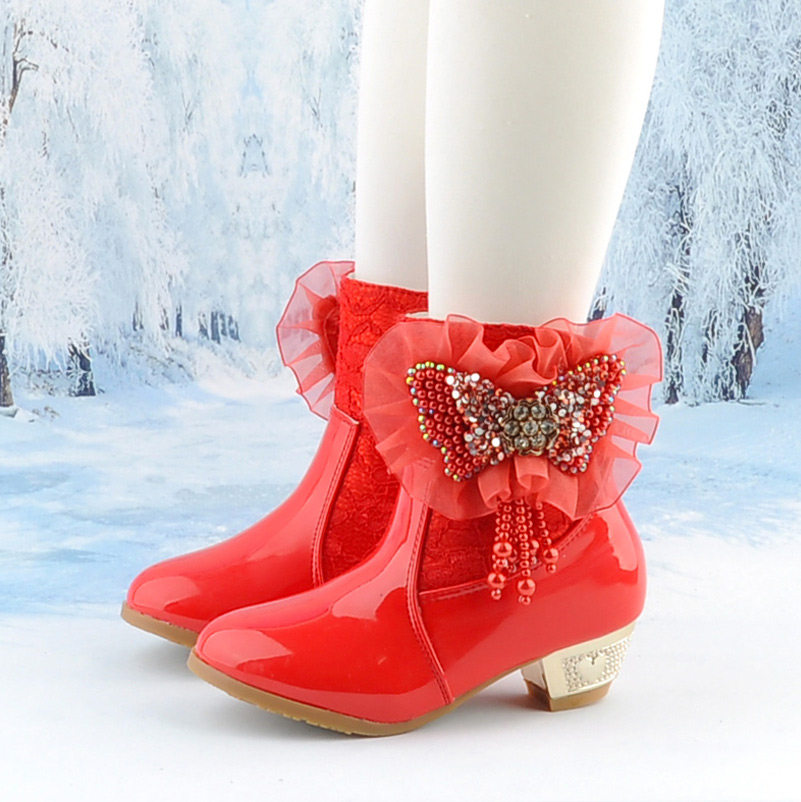 女童带跟靴子洋气公主冬款红色短靴软皮软底网红爱莎薄绒儿童高跟