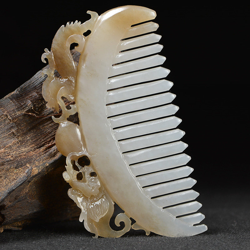 【双龙送福玉梳】温润细腻脂感高 和田玉糖玉梳子 可过灯 34.98g