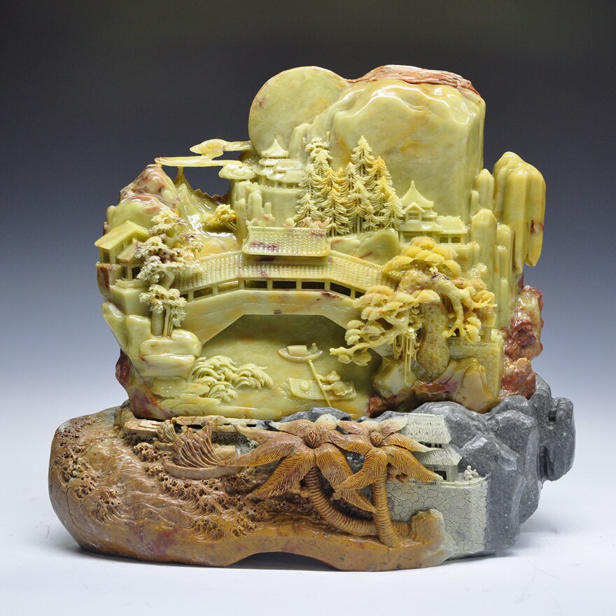 【即拍即得】大山水《水乡揽胜》青田石雕摆件 玄关办公室摆放