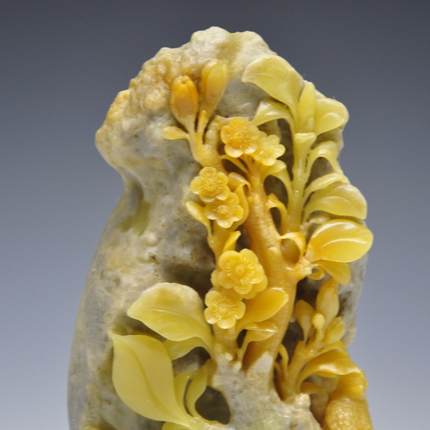 《桃花朵朵》青田金玉冻 石雕摆件 主体一体雕刻 收藏馈赠