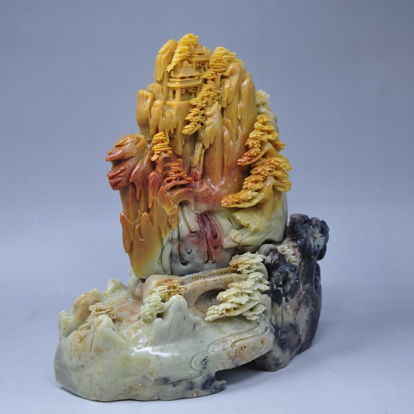 青田红花冻 石雕山水摆件《风光无限》收藏