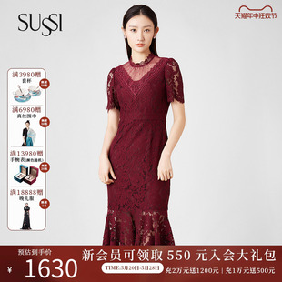 SUSSI/古色24夏商场同款酒红色蕾丝宫廷风喜婆婆婚宴装连衣裙女