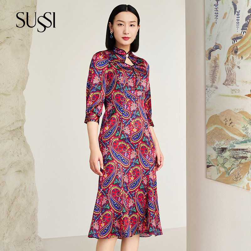 古色22春季新品敦煌系列红底印泡泡袖连衣裙14aw1062200