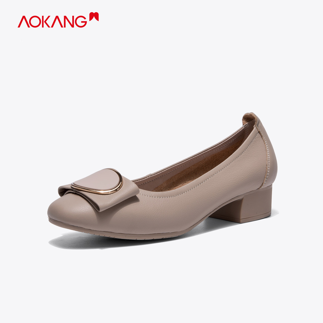 门店发货奥康女鞋春秋新款牛皮革方头浅口低跟套脚优品