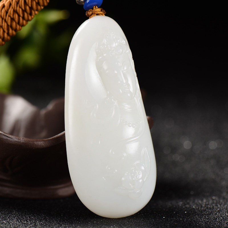 精金良玉 成色均匀【莲花观音】和田玉羊脂白玉挂件47克
