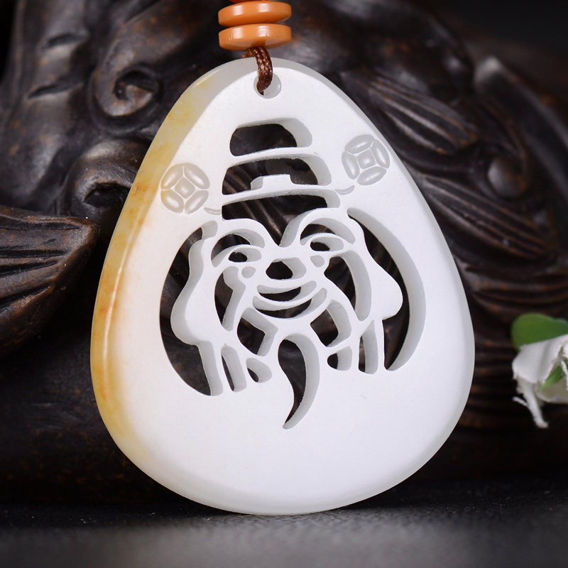 25# 国家级玉雕大师葛洪 和田羊脂白玉挂件 镂空财神