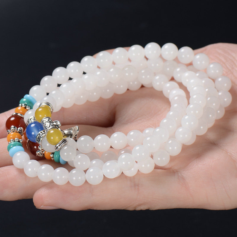 d2752和田玉羊脂白玉手串108颗佛珠手链62.1克