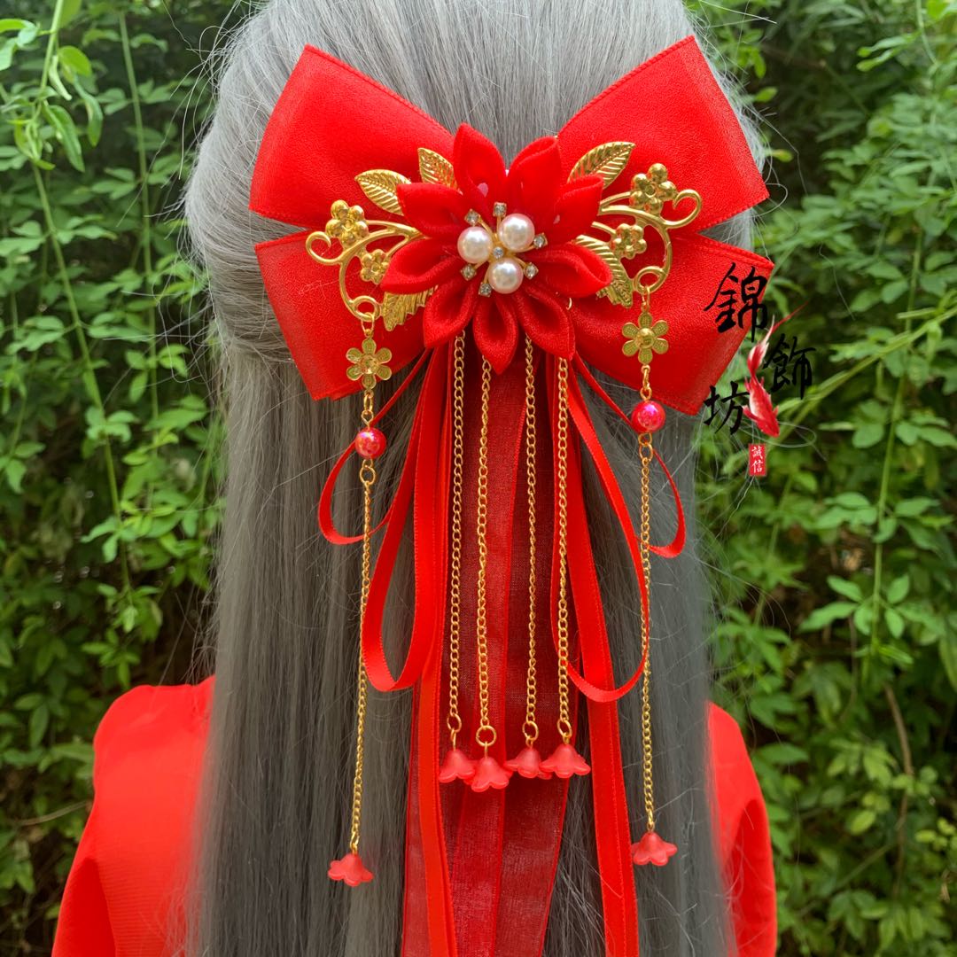 古风蝴蝶结飘带仙女古装小女孩流苏发夹汉服发饰新年顶夹儿童唐装
