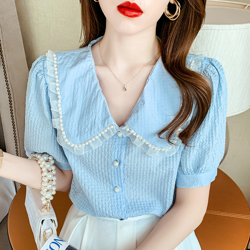 夏季雪纺衬衫短袖女装夏装2021年新款潮娃娃领很仙上衣服洋气小衫