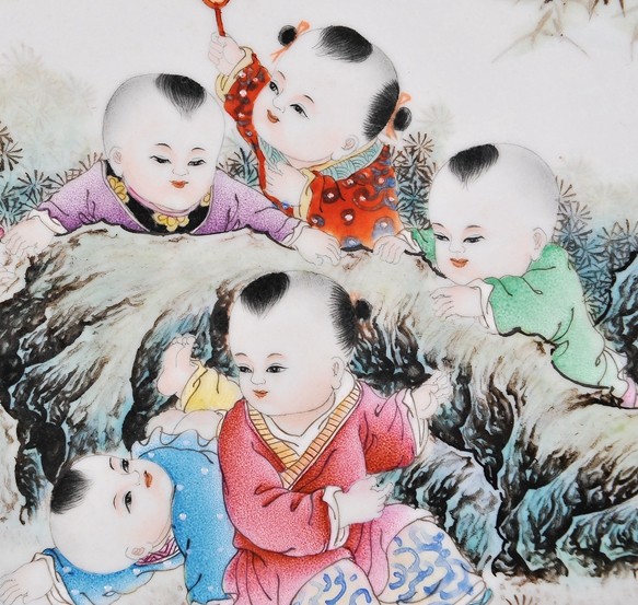 江西省工艺美术大师(余宾)全粉彩童子 富贵吉祥 瓷盘