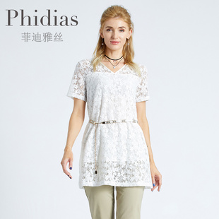 Phidias蕾丝衫女短袖洋气高贵时尚收腰遮肚子中长款时髦减龄上衣