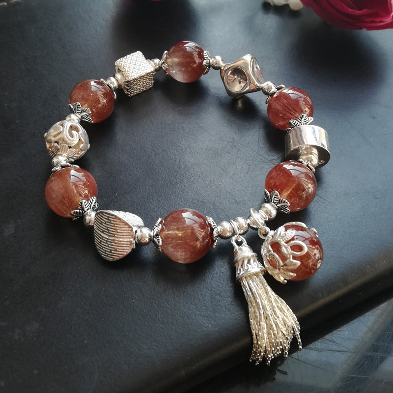 【 招财保平安】原创纯天然红发晶水晶 diy手链女925纯银饰品手串