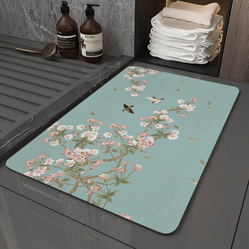 中式花鸟卫生间地垫软硅藻泥吸水垫速干浴室防滑脚垫厕所门口地毯