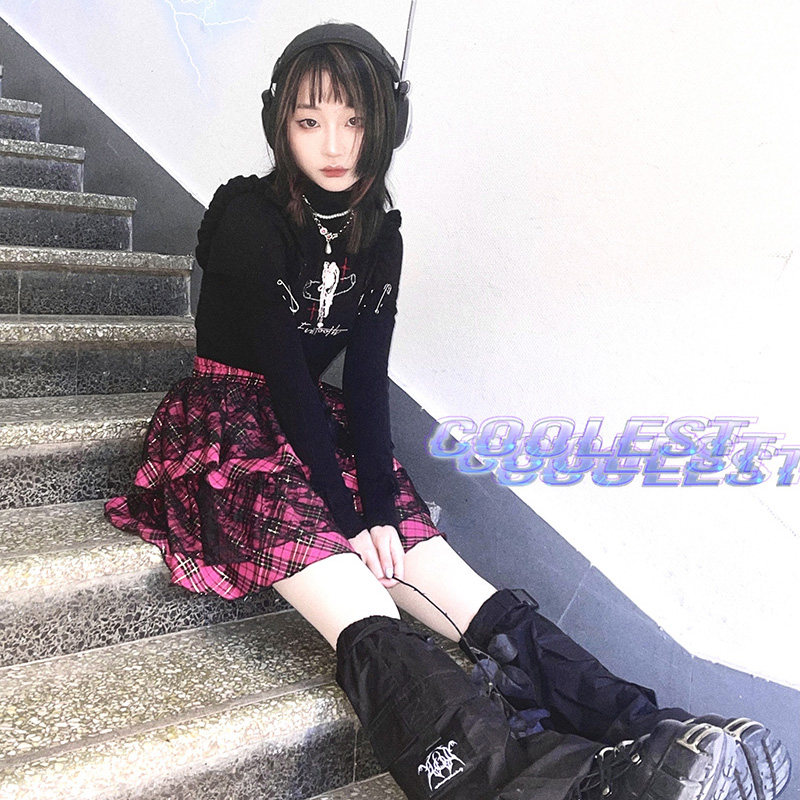 断片小说 原宿风格纹y2k土酷辣妹蛋糕裙黑甜日系蕾丝朋克半身裙