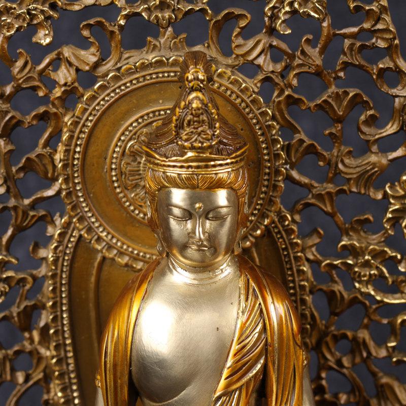 【义拍】净土古寺 黄铜描金西方三圣观音 佛像摆件 佛法加持