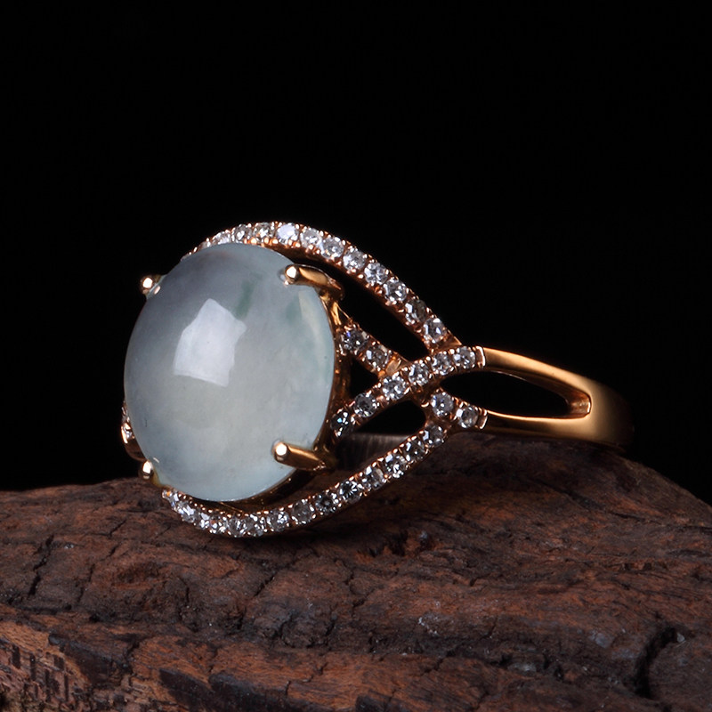 18k金伴钻镶嵌老坑冰种翡翠戒指 戒圈:14.5mm3.30g