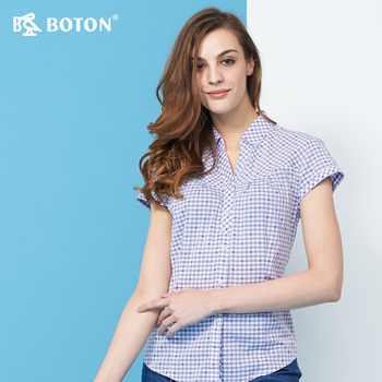 波顿/boton夏装小格子短袖衬衫女士修身夏季妈妈女装纯棉蓝色衬衣