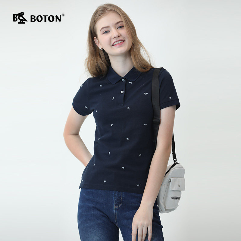 boton波顿夏日女装时尚印花polo衫修身短袖百搭女士上衣lt210220