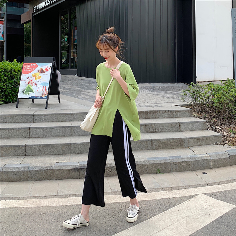 牛油果绿套装网红学院风女生装夏季女学生t恤衫+休闲九分裤两件套