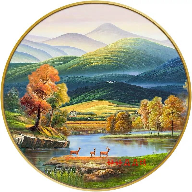 印花法国dmc十字绣套件风景山水画玄关走廊圆形十字绣套件