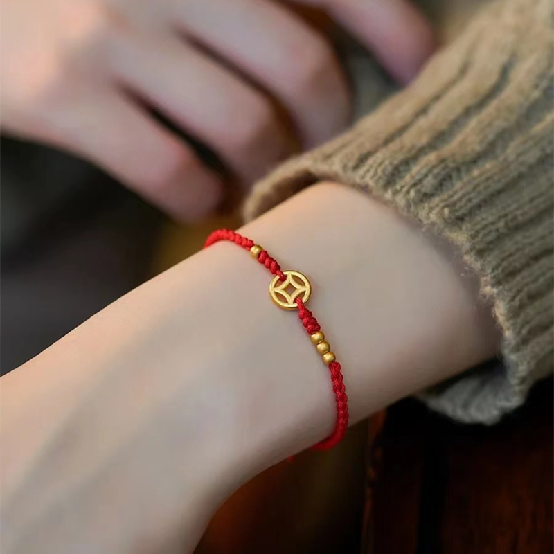 24k纯金红绳铜钱手链黄金转运珠手环本命年新款999足金手绳女正品