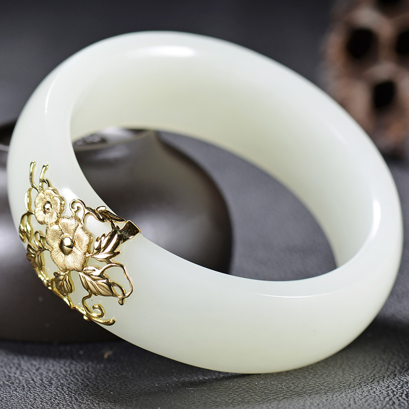 和田玉白玉18k金镶玉《花开富贵》手镯 内径59mm 95克