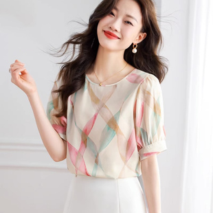 韩国高端气质圆领雪纺T恤女夏季2024新款印花小衫女宽松显瘦短袖