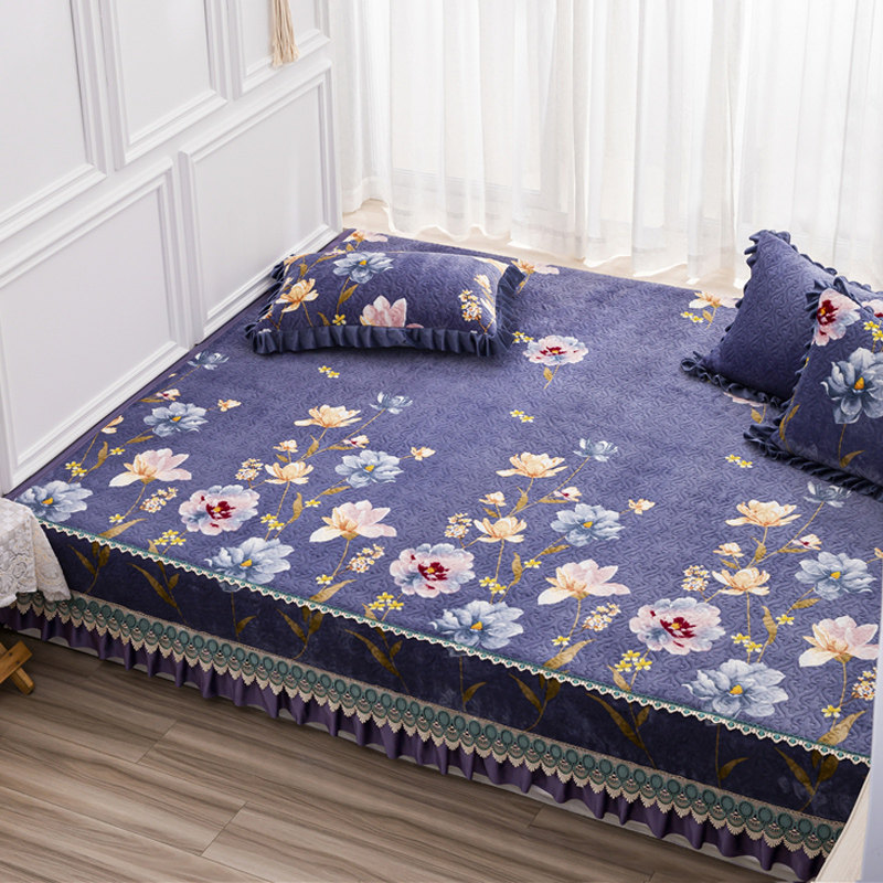 水晶绒大床盖单件绗缝三件套夹棉加厚榻榻米东北大炕罩床单铺盖垫