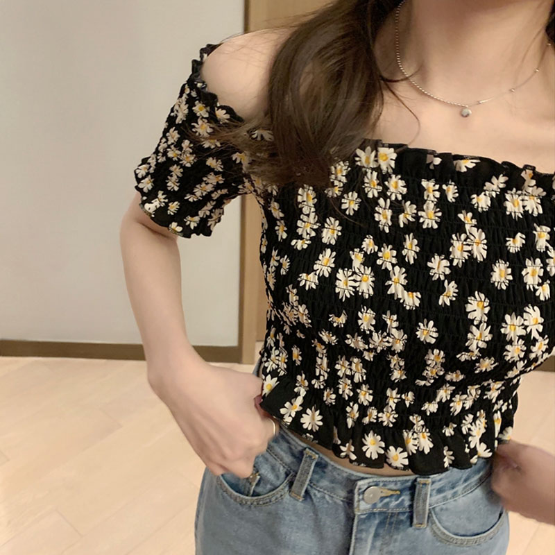 一字领上衣短袖小碎花