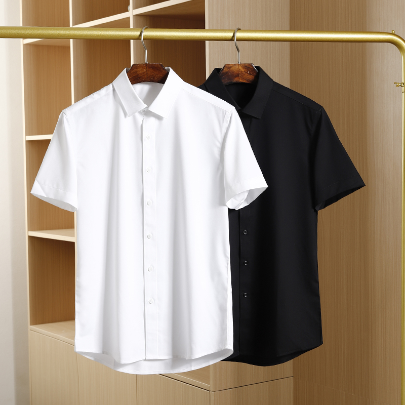 柔嫩竹纤维白色短袖衬衫男夏季薄款透气弹力抗皱纯色修身休闲衬衣
