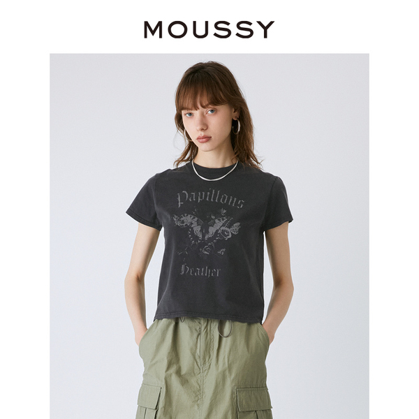 MOUSSY 夏季新品Y2K做旧感休闲风宽松短袖T恤女028GAZ90-5080