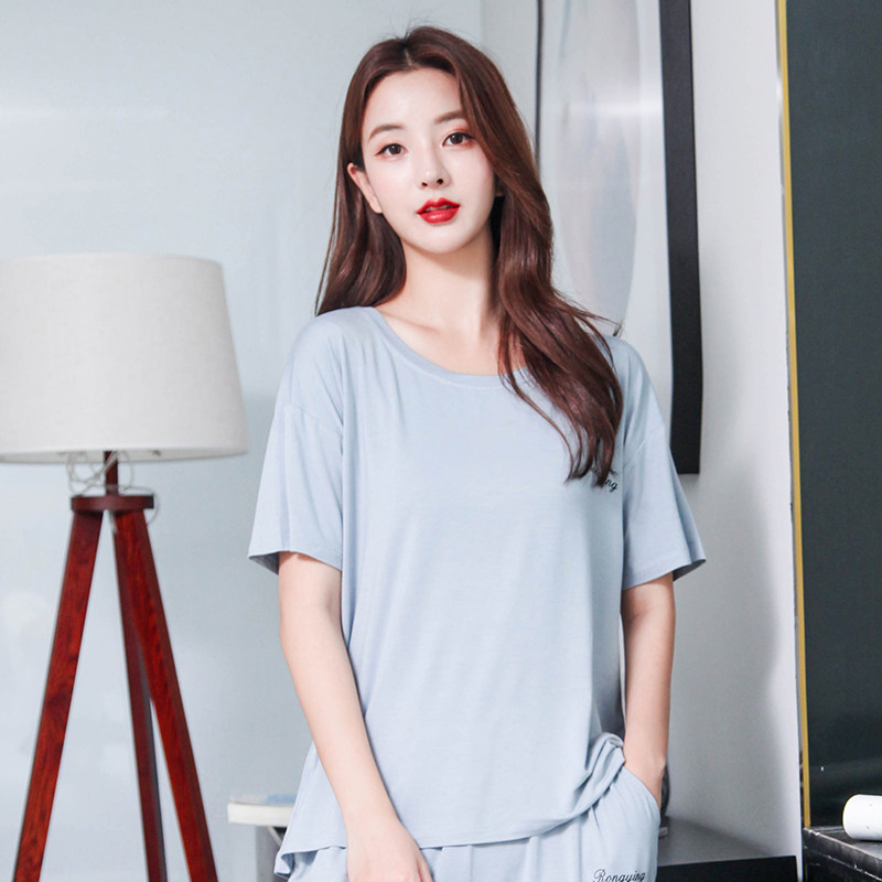 女士夏季莫代尔短袖上衣单件休闲家居服圆领宽松t恤薄款弹力睡衣
