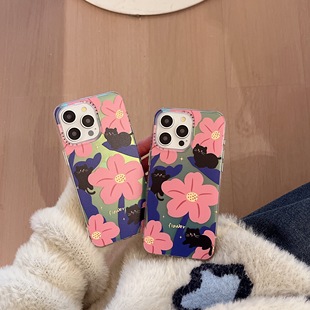 春天炫彩极光iPhone15Promax手机壳新款花朵适用于苹果14Pro创意13时尚全包12Promax高级感变色龙猫咪保护套