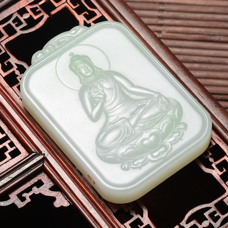 【臻品佑字款】和田玉 白玉 带翠 阿弥陀佛菩萨 玉牌 43.815克