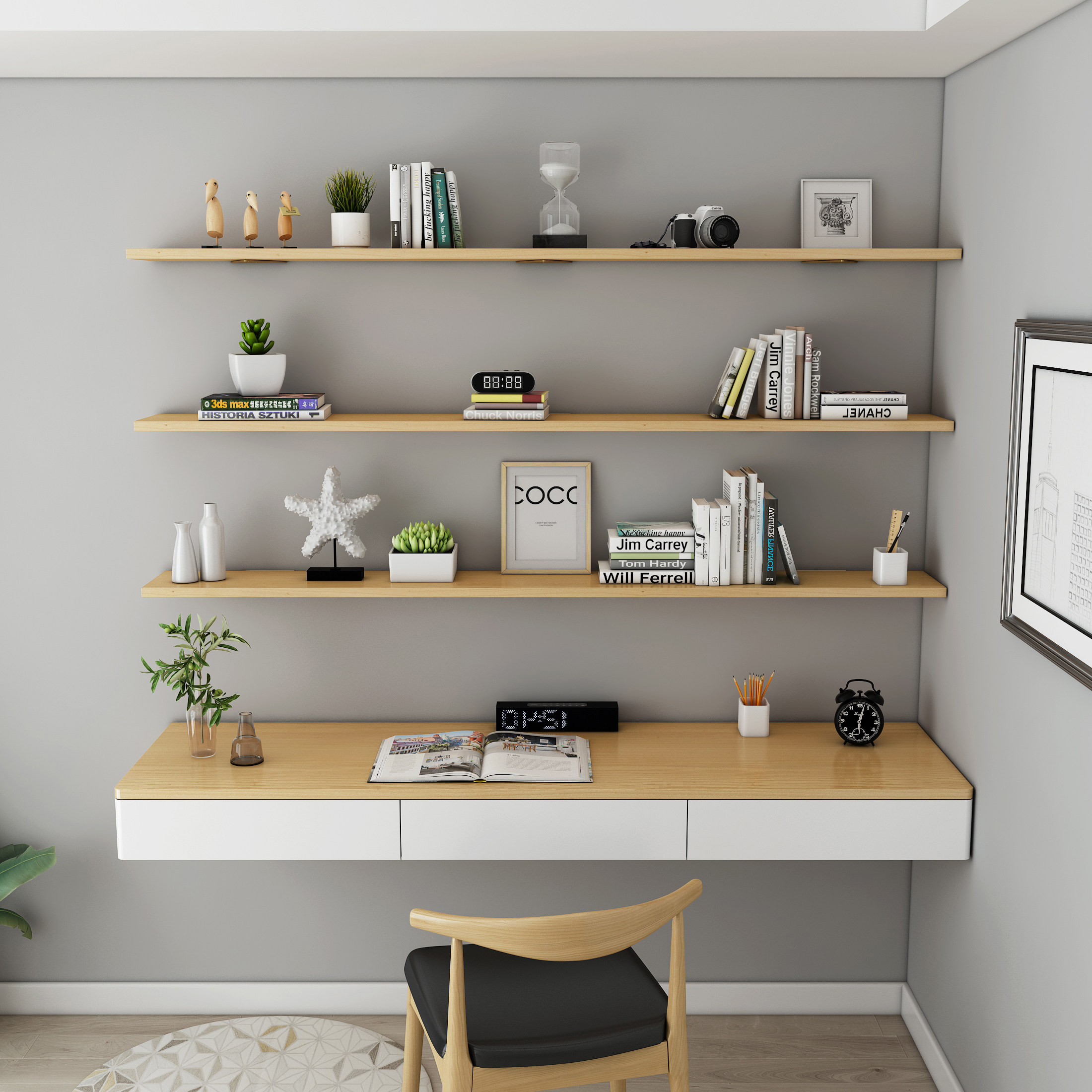 北欧实木一字板书桌隐形书架壁挂墙上双人抽屉电脑桌学习桌写字台