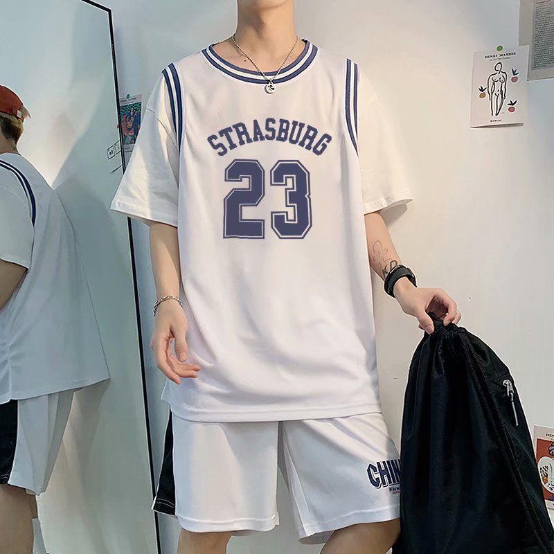 篮球服港风班服男运动套装韩版潮流帅气情侣假两件23号短袖两件套