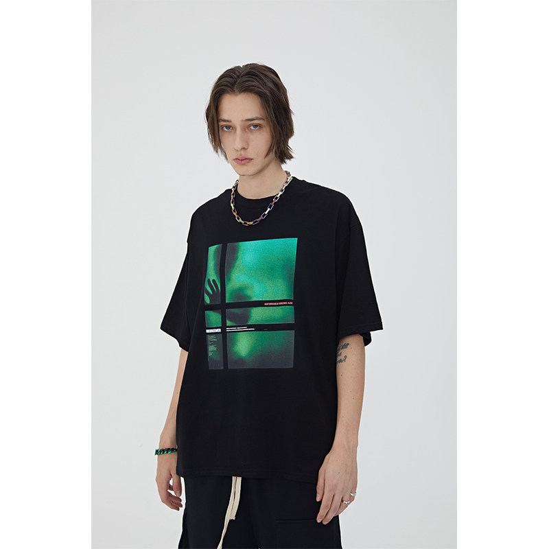 redeemer 21ss白墨印花工艺绿色鬼手宽松t恤纯棉短袖男女同款