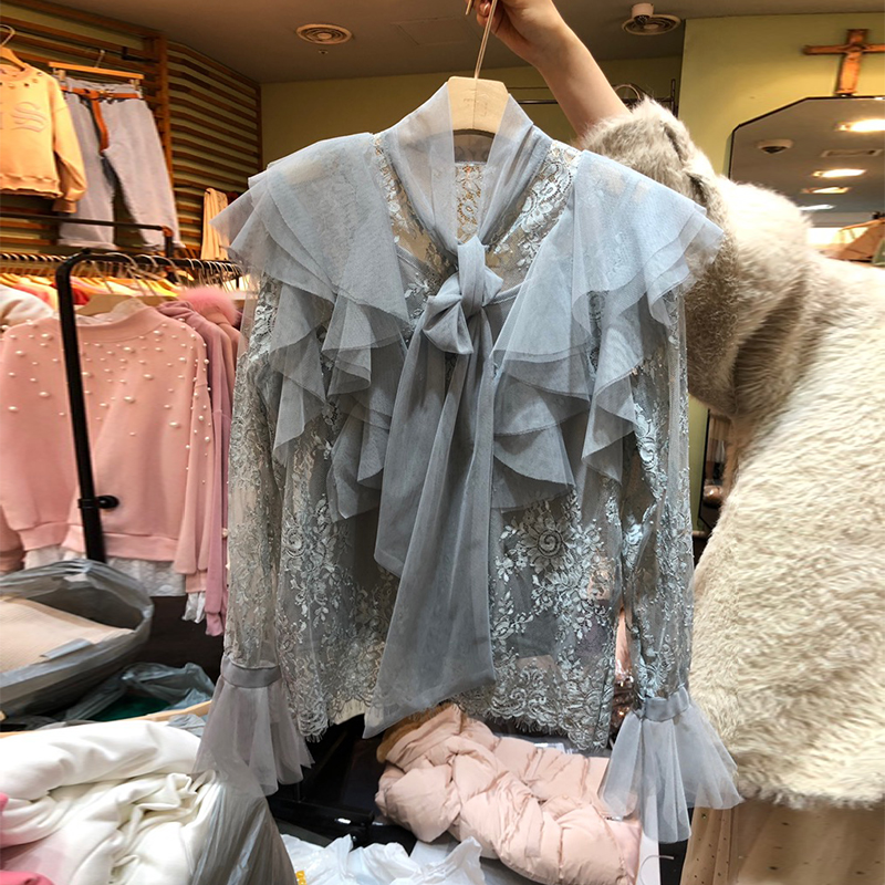 韩国东大门2021春装新款蕾丝雪纺衫女长袖荷叶边网纱上衣洋气小衫