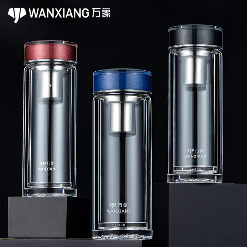 万象双层玻璃杯男士女加厚大容量带滤网耐热家用泡茶杯子车载v172