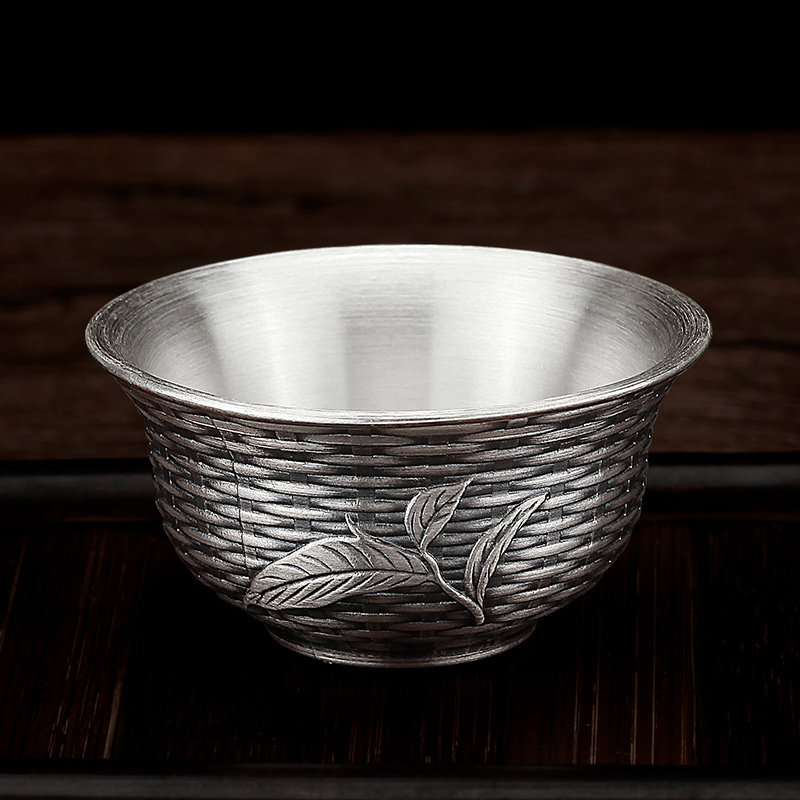 诗美洛银茶杯999纯银杯子双层隔热主人杯家用银泡茶杯品茗杯银杯