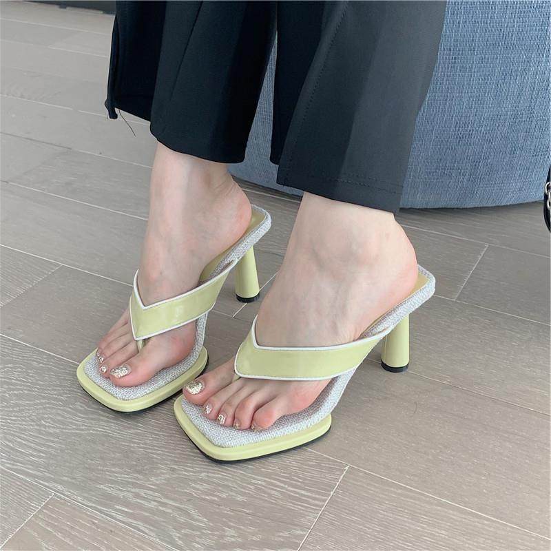 黑色夹趾凉鞋女人字拖高跟细跟夹脚外穿时尚百搭拖鞋方头凉拖夏季